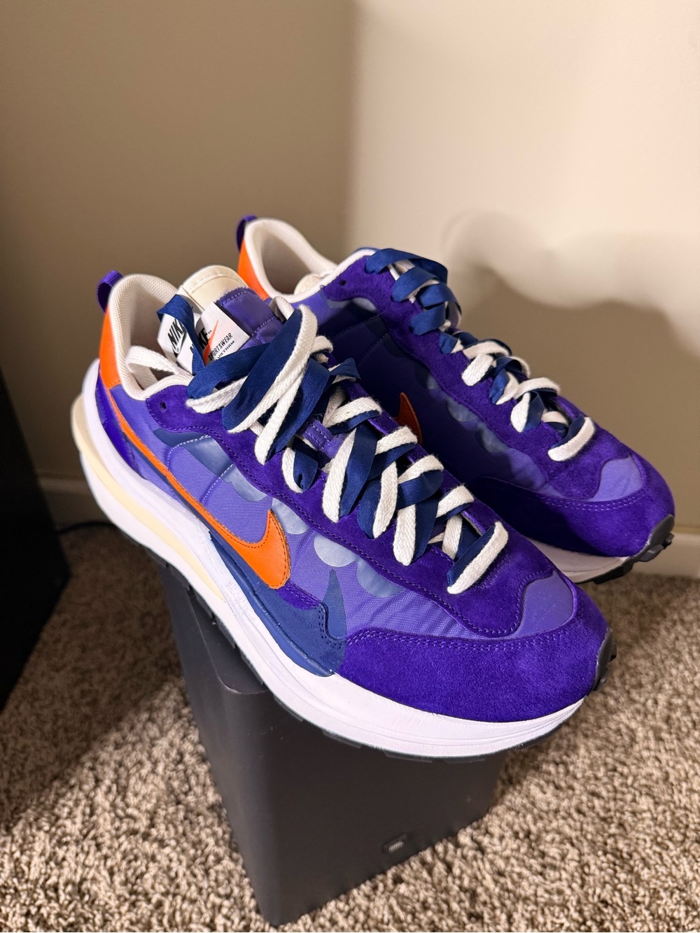 Sacai x Nike VaporWaffle Dark Iris Layered Runner Shoes